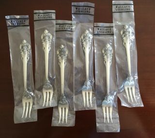 Set of 6 NOS Wallace GRAND BAROQUE Sterling Silver Cocktail/Seafood Fork 4