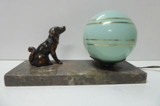 Art Deco Cast Metal Dog Statue Glass Ball Shade Marble Base