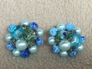 Vintage Blue Japan Faux Pearl & Blue Bead Cluster Clip On Earrings - Eb146