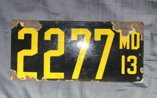 Maryland Porcelain License Plate 1913 Vg Number 2277 Md 4 Digit Gloss