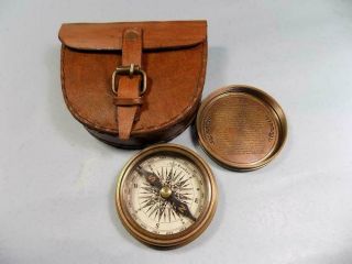 Authentic Nautical Vintage Style Brass Pocket Compass With Leather Case