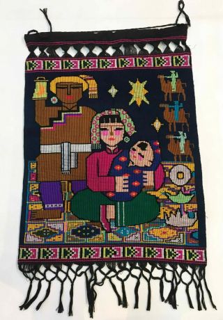 Vintage Mexican Aztec Wall Hanging Rug With Wooden Hanger Tapestry 21 " X 30 "