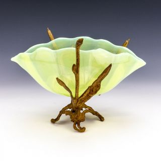 Antique French Vaseline Glass Shell Formed Vase With Gilded Mount - Art Nouveau