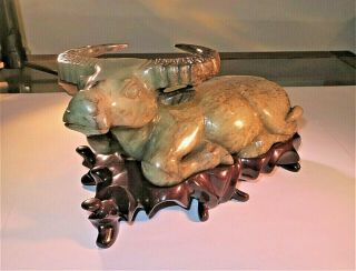 Antique Asian Hand Carved Water Buffalo On Carved Wood Base - Green Onyx/jadeite