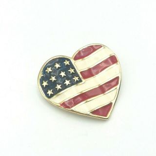 Vintage Wavy Heart American Flag Usa Enameled Brooch Pin