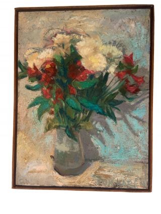 Antique American Impressionist Still Life Oil Painting Flowers Monogrammed