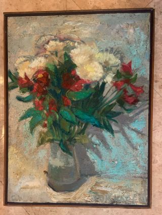 Antique American Impressionist Still Life Oil Painting Flowers Monogrammed 2