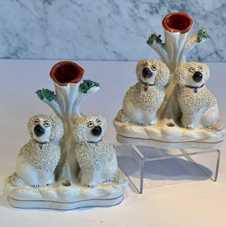 Pair Antique Staffordshire Poodle Confetti Dogs Spill Vase Quill Holders 19thc