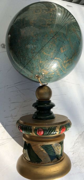 Antique 8” Celestial Globe Hand Carved Wood Base Hevelius Bradley Mayer Masonic