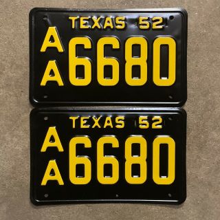 1952 Texas License Plate Pair Aa 6680 Yom Dmv Clear Ford Chevy Low Number