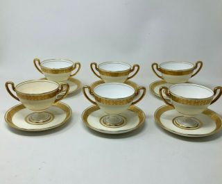 12 Piece Set Of Antique Gold Encrusted Porcelain Cream Soup Cups Bowl W/saucers