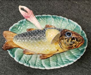 Early 20th Century Italian Majolica Porcelain Fish Tureen W/ Ladle & Underplate
