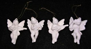 Set Of 4 Vintage White Porcelain Cherub Angel Christmas Tree Ornaments - 2 - 1/2 "