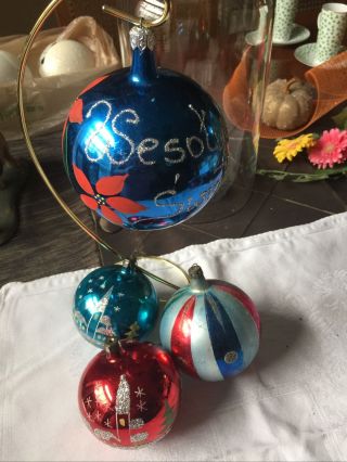 4 - Vintage Large Glass Christmas Ornament Ball - Made In Poland Hand Painted