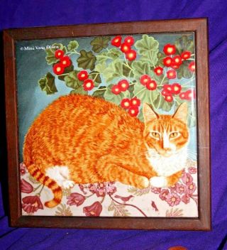 Vintage Vang Olsen " Orange Tabby " Cat Tile Trivet In Wooden Frame