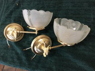 Antique Pair Converted Gas Wall Lights Sconces With Shades