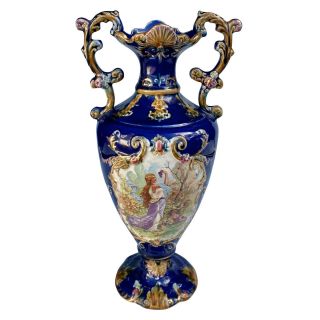 Antique Large French Rococo Cobalt Blue Porcelain Urn Vase