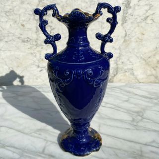 Antique Large French Rococo Cobalt Blue Porcelain Urn Vase 4
