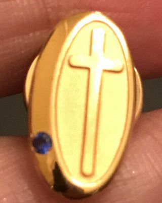 Vintage Christian 10k Gold Plated Cross Lapel Pin W Blue Stone