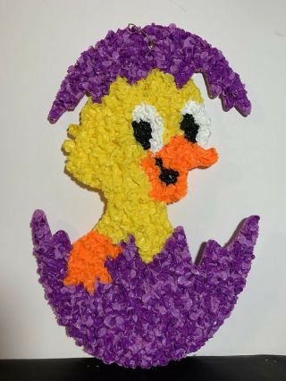Vtg Melted Plastic”popcorn”hatching Duck In Purple Egg Easter Decor By Kage Co.