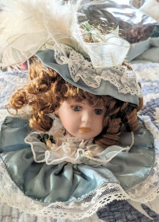 Vintage Porcelain Victorian Doll Head Blue Christmas Ornament