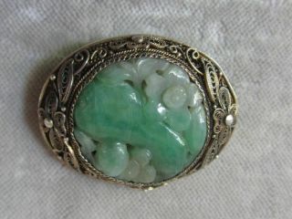 Antique Chinese Export Jade Brooch Carved Sterling Silver Filigree Signed Mi