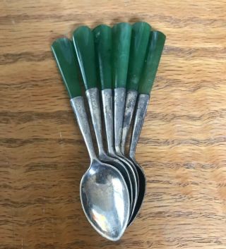Pre War Antique Js&s Sterling Silver Jade Handle Set Of 6 Spoons