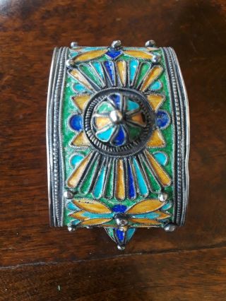 Antique Berber Kabyle 800 Silver Blue Green Enamel Cuff Bracelet Ethnic Jewelry