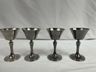 Set Of 4 Art Deco Gorham Sterling Silver Hammered Wine Goblets