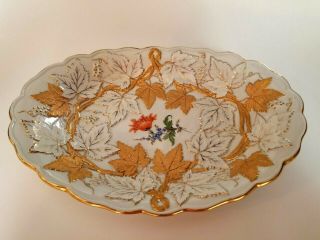 Antique Meissen Porcelain Bowl Plate,  22k Gold Leaves Painted Flower 11 1/4 " Exc