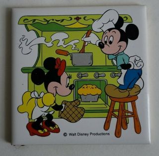 Vintage Disney Mickey & Minnie Mouse Cooking Ceramic Tile Trivet 4.  25 " X 4.  25 "