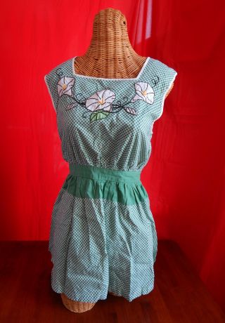 Vintage Full Bib Apron Pretty,  Embroidered Flowers,  Hand Made