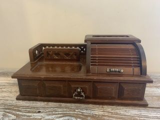 Vintage Wood Roll Top Desk Jewelry/change Box W/drawer & Railing Yellow Lining