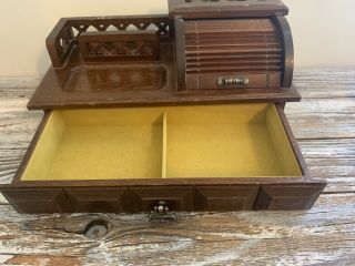 Vintage Wood Roll Top Desk Jewelry/Change Box w/Drawer & Railing Yellow Lining 3