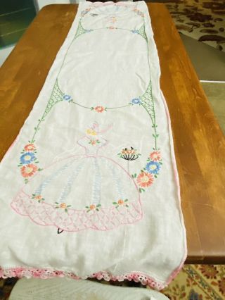 Vintage Hand Embroidered Table Runner Dresser Scarf Crocheted Edges - L104