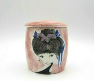Vintage Italian Art Pottery Pink Trinket Jar With Lid Girl Purple Flowers Italy