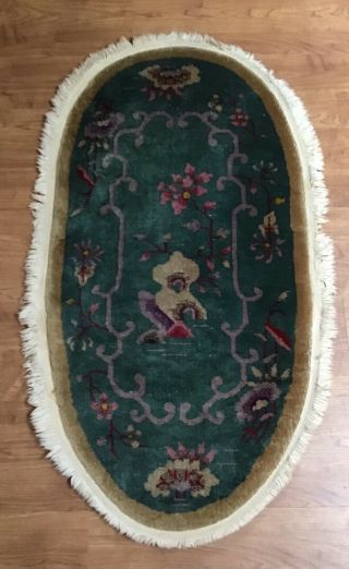 Antique Chinese Art Deco Nichols Peking Oval Rug Carpet Teal Prunus Scrolls 50 " W