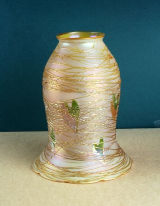 6 " Antique Art Glass Quezal Lamp Shade.  Vine Threads Pattern.  $199