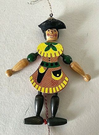Vintage Hand Painted Wooden Cowgirl Pull Toy Decoration Austria.  7 " Mobile