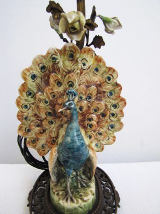 Antique Chinese Peacock Porcelain On Bronze Base Table Lamp.  Peacock Lamp
