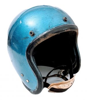 Vintage C1960s Blue Motorcycle Helmet Snell Memorial Foundation Distressed