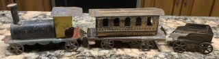 Antique Tin Toy Train Engine & 2 Cars - 1883 Patent