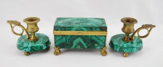 Antique Green Malachite & Brass Desk Set - Hinged Box & Candlesticks Holders