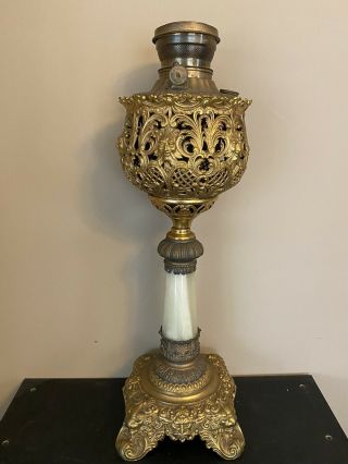 Elegant Antique Banquet Oil Lamp With Marble Stem,  Brass Base