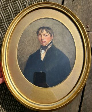 Antique English American Portrait Painting 19th Century Young Man Regency Era