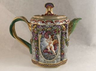 Antique Capodimonte Porcelain Teapot Raised Relief Hand Painted Gilt Decoration