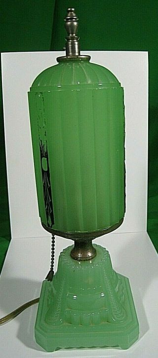 Antique Art Deco Jadeite Green Art Glass Table Lamp Globe Light Mid Century