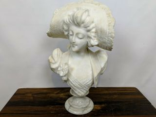Antique Victorian Marble Bust Sculpture Of A Woman In A Hat