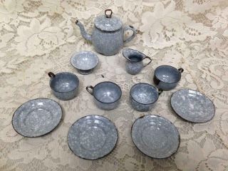 Antique,  12 - Pc Gray Spotted Graniteware Enamelware Child 