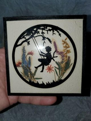 Vintage Silhouette Girl Swinging Dried Flowers Framed 4 "